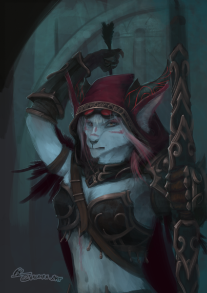 digital illustration of a white and red lynx anthropomorphic character donning sylvanas windrunner's armor from warcraft, grabbing an arrow from her quiver