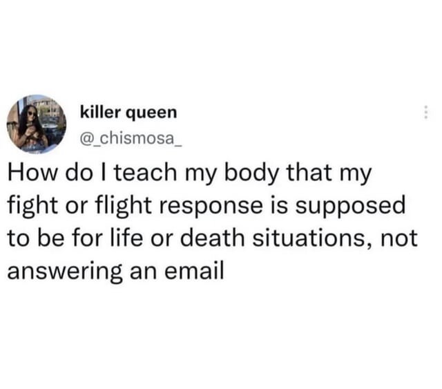 Killer Queen tweets: How do I teach my body that my flight or flight response is supposed to be for life or death situations, no answering an email. 