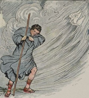 Illustration of an anthropomorphic interpretation of wind blowing as a man walks past it