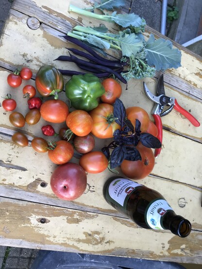 Verschiedene Tomatensorten, Paprika Chili, Brokkolisprossen, eine Bierflasche Neumarkter Lammsbräu und eine Felco2 Gartenschere auf dem Gartentisch