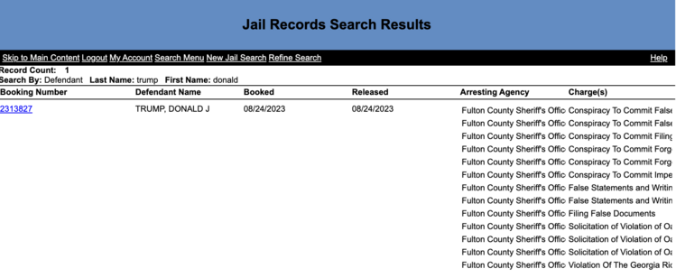 Screenshot of the booking record from Fulton County for Donald Trump 