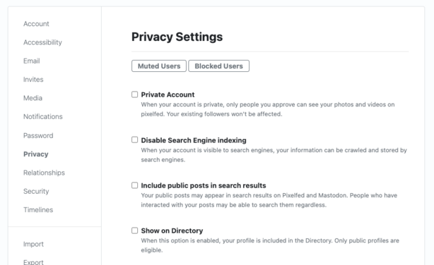 Pixelfed Privacy Settings