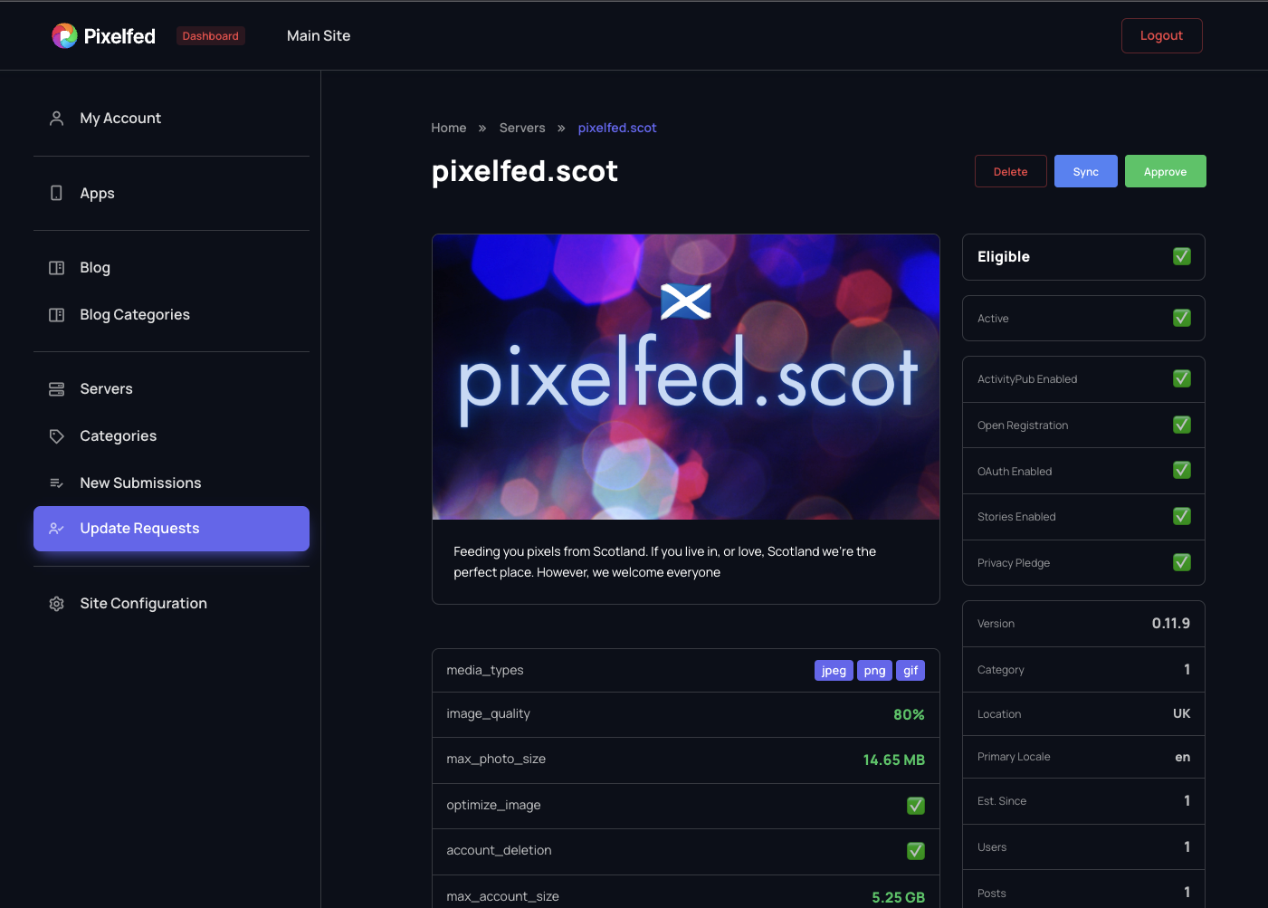 pixelfed.org admin dashboard