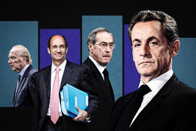 Brice Hortefeux, Éric Woerth, Claude Guéant et Nicolas Sarkozy. © Illustration Simon Toupet / Mediapart avec AFP