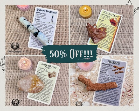 A graphic about our Friday Flash Sale on past Inked Crystals boxes for August 25, 2023. It features examples of the type of items on sale such as mineral speciments and Eclectic Witch cards. Presented by Inked Goddess Creations.