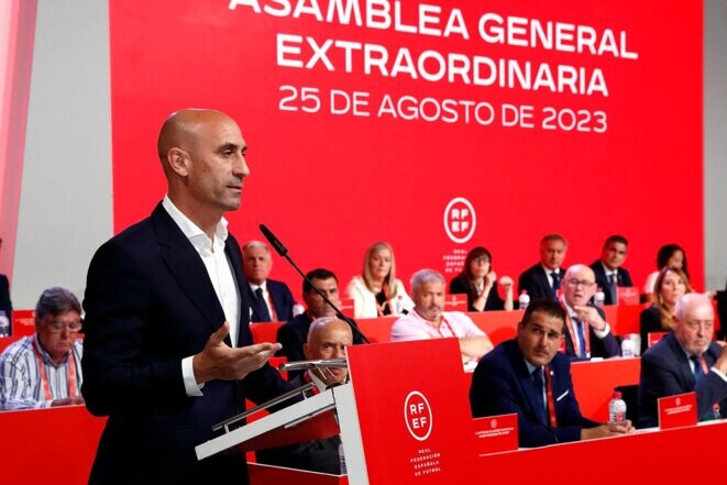 Luis Rubiales lors de l’assemblée générale de la fédération espagnole de football le 25 août 2023 à Las Rozas de Madrid. © Photo Eidan Rubio / RFEF / AFP