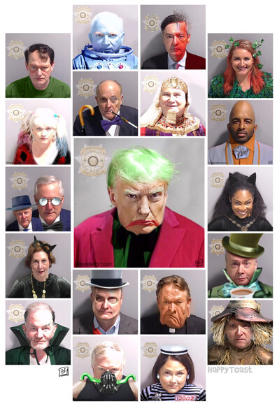 Trump conspirators mugshots in the style of Batman villains