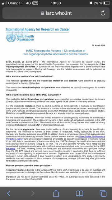 World Health Organisation International Agency for Research on #Cancer (IARC) Monograph 112. #Glyphosate, #malathion and #diazinon were classified as probably carcinogenic to humans (Group 2A): • https://www.iarc.who.int/featured-news/media-centre-iarc-news-glyphosate • https://www.iarc.who.int/wp-content/uploads/2018/07/MonographVolume112-1.pdf  #StopGlyphosate #StopAgrotoxics