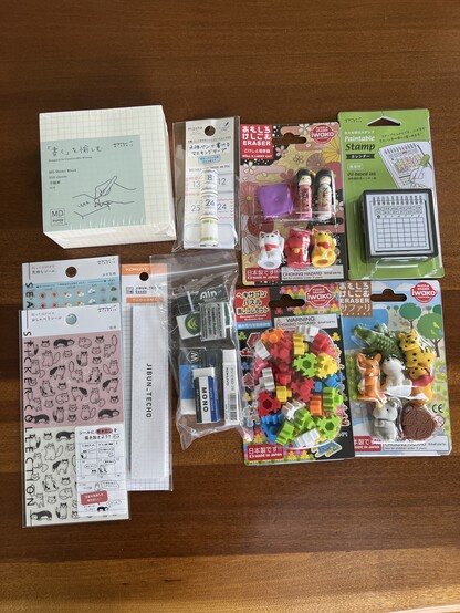 Photo for some Japanese stationery I got from jetpens.com. Products include notes, stickers, stamps and erasers. 