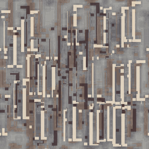 Angular shapes in very light brown and dark purplish brown, on stylized mid-gray and mid-brown background.