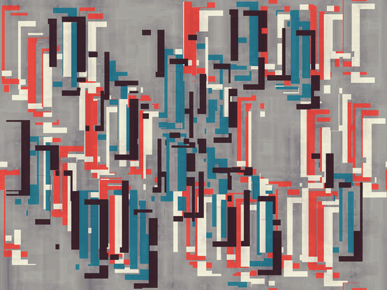 Angular shapes in turquoise blue, light red, off-white and dark purplish brown, on stylized light gray background.
