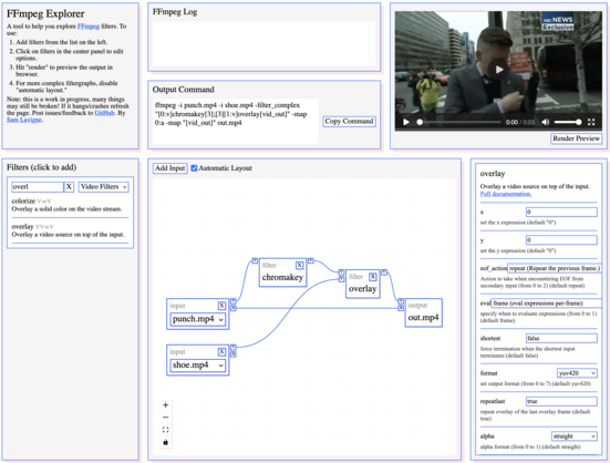 Screenshot of FFmpeg Explorer web application composed of tool boxes allowing users to:
- filter and select FFmpeg effects/command
- edit effect settings
- compose those effects/commands graphically by drawing a node-link schema 
- preview the result
- export the corresponding FFmpeg command line