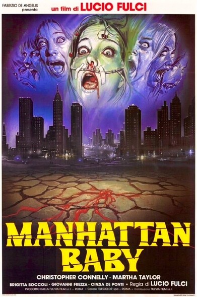 Two Italian posters for the 1982 Italian giallo horror film “Manhattan baby”.