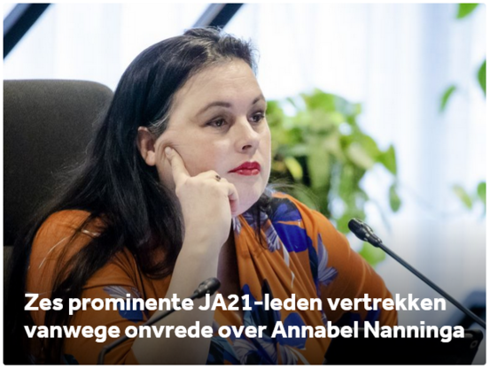 Een foto van Annabel Nanninga met de tekst 'Zes prominente JA21-leden vertrekken vanwege onvrede over Annabel Nanninga'.