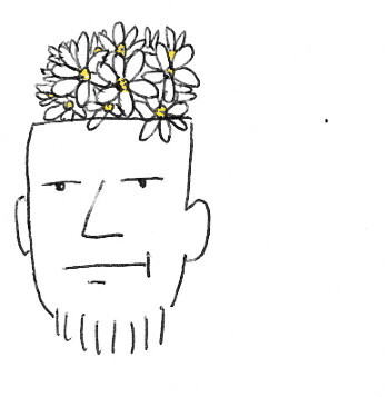 a cartoon drawing of a head with daisies coming out of the top