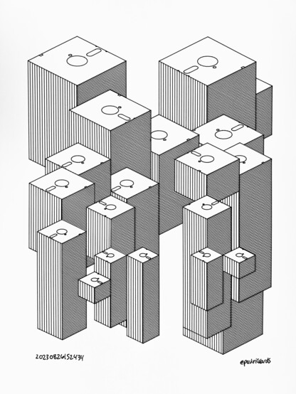 A pen plot of isometric blocks of varying sizes with floppy disks on top of them. 