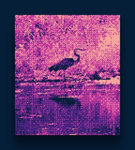 A pixelated photo of a heron standing in water taken with a modified Gameboy Camera.