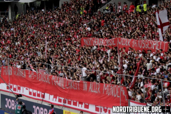 A banner in the stand of SC Freiburg which reads: “Balance of power played out once again. Women win the World Cup, but what everyone talks about is toxic masculinity.”