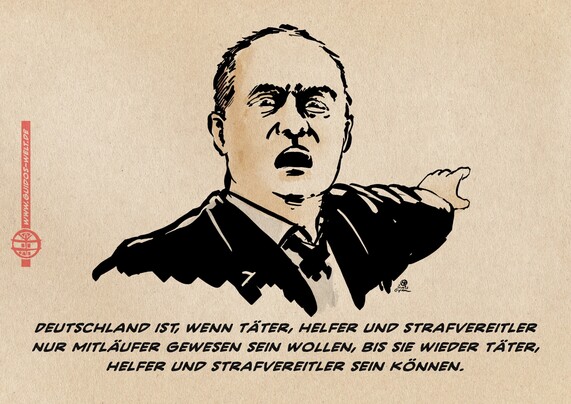 Illustration. Aiwanger weist mit dem Finger zeigend weit von sich. Textzeile: Deutschland ist, wenn Täter, Helfer und Strafvereitler nur Mitläufer gewesen sein wollen, bis sie wieder Täter, helfer und Strafvereitler sein können.