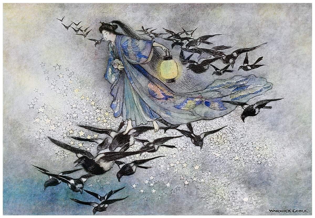 A woman in a kimono and holding a lantern travels through a starry sky, riding on the backs of magpies which form a flock around her and carry her along