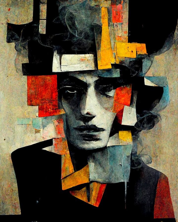 Abstract portrait of man with very serious and somber expression. 