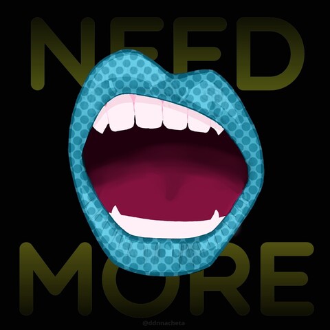 Graphic art of an open mouth with blue lips with halftone texture. Sharp vampire teeth