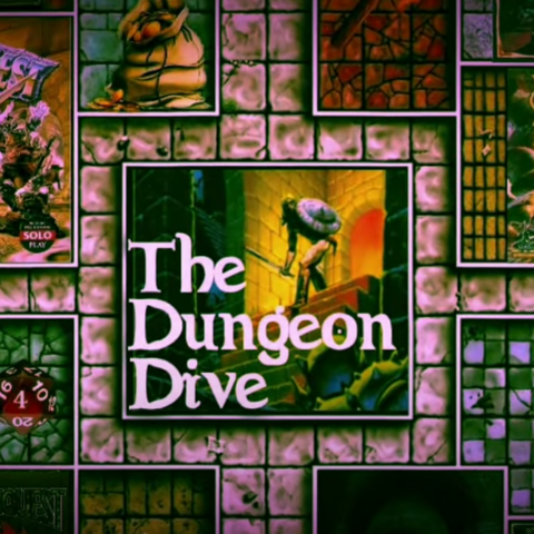 a image of a person walking into a enemy infested dungeon with just a sword and shield with the words "The Dungeon Dive" featured around the figure. 