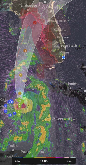 Graphic of Tropical Storm Idialia entering the Gulf of Mexico showing it's predicted strength and path. It is predicted to make landfall in north Central Florida as a Hurricane Category 3