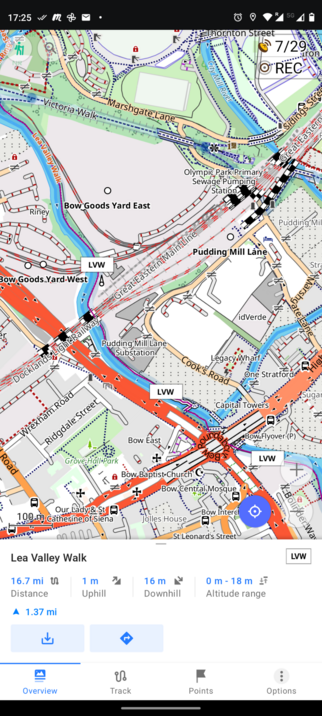Screenshot of OSMAnd showing custom hiking and walking profile with info panel open for a specific trail
