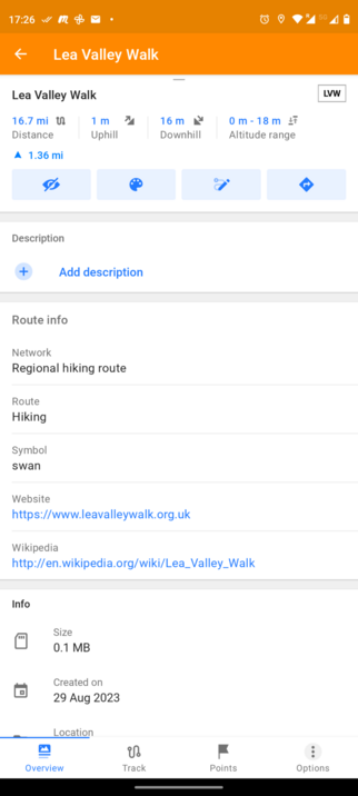 Screenshot of OSMAnd showing information about the Lea Valley Walking trail including route info and metadata