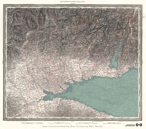 1838 map of Milan & the Po River Valley, with 66m sea level rise added