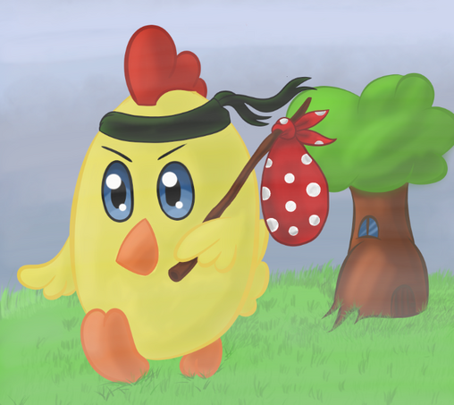 Yellow chicken traveling with red bindle and polka dots wearing green headband. Tree with door and window in the background