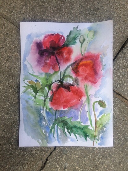 Buntes Aquarell mit Mohnblumenstrauss.