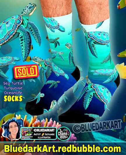Sea Turtles Turquoise ● Design Copyright  BluedarkArt TheChameleonArt ● Here printed on socks, available for sale in the BluedarkArt Redbubble Shop