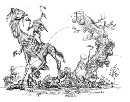 Drawing of four aliens. Two travellling performers and a farmer and their child.