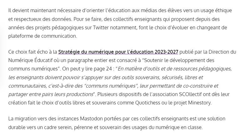 Extrait de l'article décrivant pourquoi et comment ces collectifs d'enseignantes et enseignants ont choisi de rejoindre Mastodon.