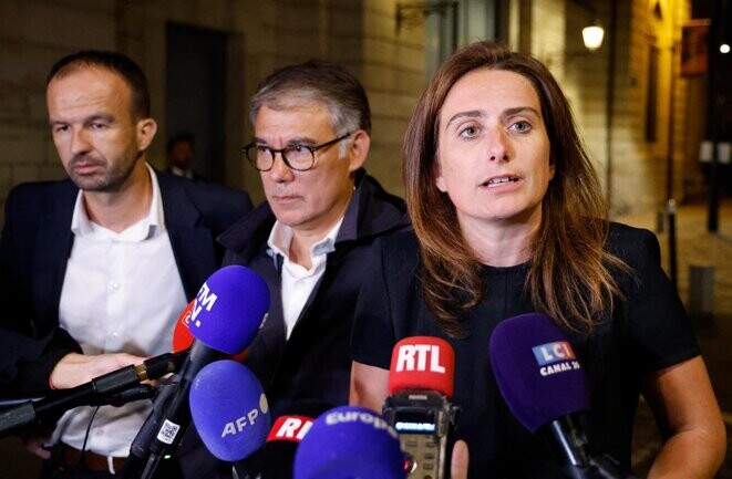 Manuel Bompard, Olivier Faure et Marine Tondelier à la sortie de la réunion avec le président de la République à Saint-Denis, le 31 août 2023. © Photo Ludovic Marin / AFP