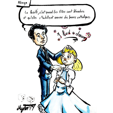 Dessin d'actu par Myster Ty : Abaya

Gabriel Attal, ministre de l'éducation, touchant une petite fille blonde avec une longue robe bleue, un petit col serré et un gilet blanc en laine : "La laïcité, c'est quand les filles sont blanches et qu'elles s'habillent comme des bonnes catholiques."
La fillette récite : "I had a dream"