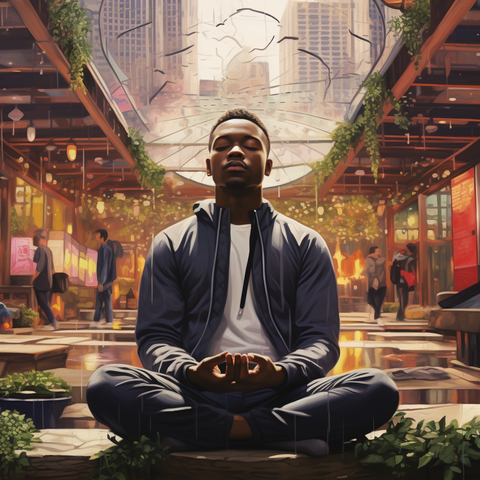 Man meditating in a noisy city environment