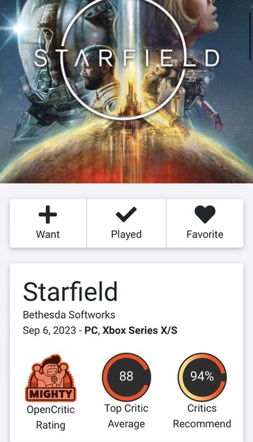 Starfield has a 88 score on Opencritic