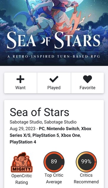 Sea of Stars has a 89 rating on Opencritic