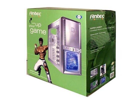 A boxed Antec Super LanBoy PC Case in its original packaging. It depicts a rad 3D-modeled martial arts fighter on the package.