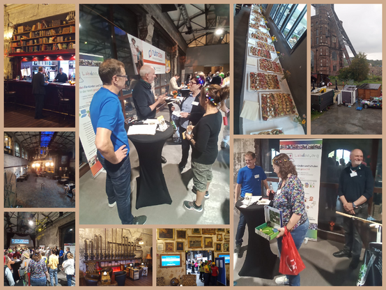 Collage aus Impressionen der RuhrDAX Veranstaltung in einer großen Industriehalle. Vereinsmitglieder treffen auf Unternehmen, die helfen, den Bedarf der Vereine zu erfüllen. Im Außenbereich sieht man einen Förderturm. An einer Rezeption werden Getränke ausgegeben. Im Vorraum steht eine Sofaecke. Ein Buffet ist aufgebaut. An einem Stehtisch stehen Helfer von Labdoo im Gespräch mit Interessenten.