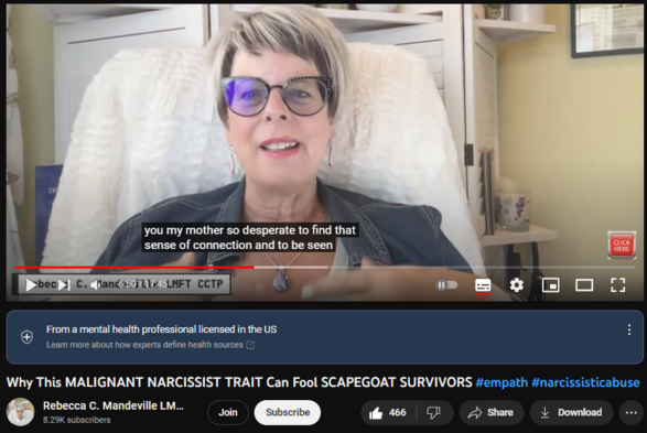 Why This MALIGNANT NARCISSIST TRAIT Can Fool SCAPEGOAT SURVIVORS #empath #narcissisticabuse
https://www.youtube.com/watch?v=MTJqSRYrdUA
6,270 views  26 Aug 2023
Adult Survivors of Family Scapegoating Abuse (FSA) who are also EMPATH-types can be particularly vulnerable to the manipulative tactics of the MALIGNANT NARCISSIST (a term coined by the well-known psychoanalyst Erich Fromm in 1964). In this video, I share a KEY TRAIT that a malignant narcissist exhibits that can draw vulnerable adult survivors into their deadly web - a trait that defies commonly held beliefs about narcissism. 

✅ NEW - CHANNEL MEMBERSHIPS! Join this channel and get access to exclusive Member perks. By joining, you'll also be supporting my research on Family Scapegoating Abuse (FSA) and Family Scapegoat Trauma (FST). Click on the link below to learn more:
  

 / @beyondfamilyscapegoatingabuse