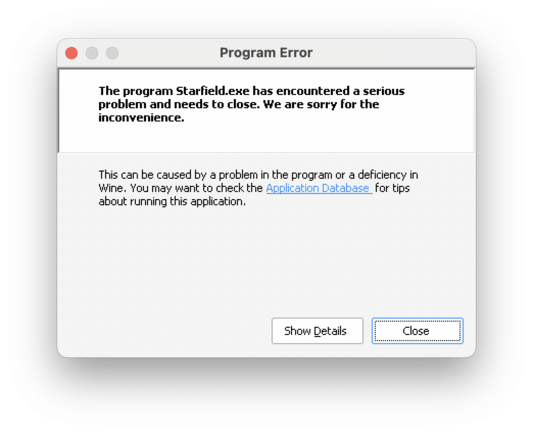 Error dialog box stating that Starfield.exe encountered a serious problem and needs to close.