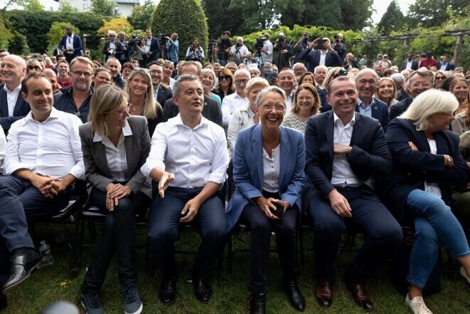 Gérald Darmanin entouré de membres du gouvernement : Elisabeth Borne, Agnès Pannier-Runacher, Olivier Dussopt et Sébastien Lecornu lors de rentrée politique à Tourcoing le 27 août 2023. © Photo Raphaël Lafargue / Abaca