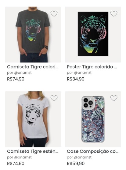 PT-BR: Print mostrando 4 produtos da minha lojinha na colab55.com/@anamzt - No canto superior esquerdo: homem com camiseta cinza escura com estampa de tigre colorido estilo estêncil; canto superior direito: pôster de fundo preto com impressão de tigre colorido estilo estêncil; canto inferior esquerdo: mulher vestindo blusa branca com estampa de tigre preta estilo estêncil; canto inferior direito: case para smartphone com impressão de arte de tigres estilo estêncil sobrepostos predominando as cores azul acinzentado, verde claro e cinza escuro.