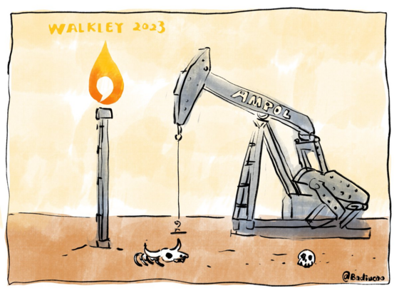 WALKLEY 2023
We are out in the desert. There is no vegetation and the only sign of life is a skull & skeleton of a brahman and a human skull. The suggestion of human activity is the gas flame tower, the flame giving us a clear explanation of the Walkley icon, and the AMPOL donkey oil pumper.
