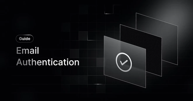 On the left on white background, word "Guide" in a rounded rectangle and big text white title "Email Authentication". 
On the right, graphics in isometric view of 2D rectangles, three, aligned from bottom to right side in 45 degrees. The first light grey, transparent, with a check-mark icon. The second in black and the third one in grey.
In the center is visible a pattern of squares in different tones of grey, gradually disappearing in black.