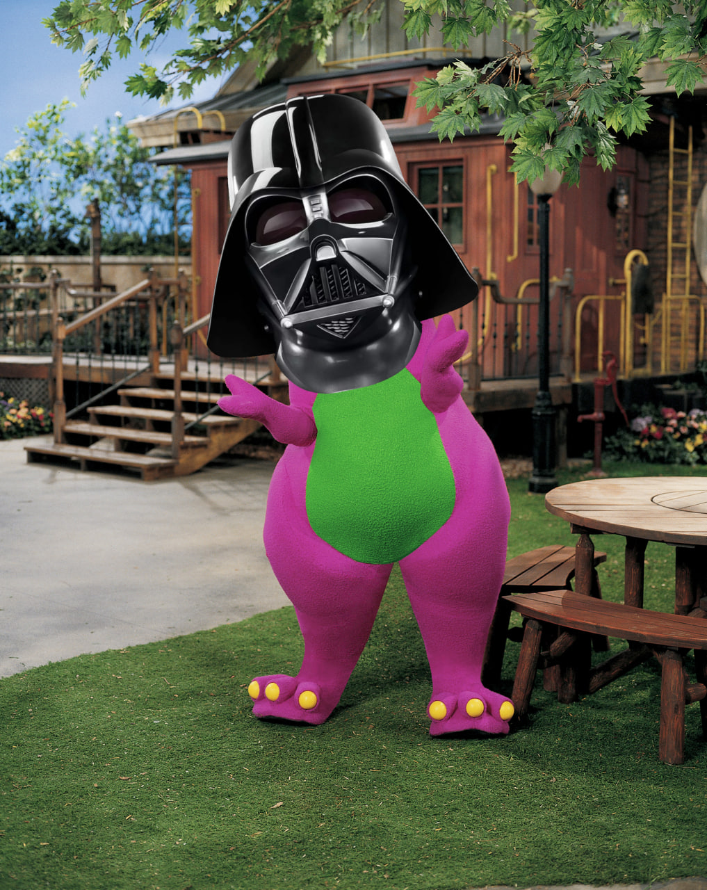 Barney the purple dinosaur but with Darth Vader's helmet "I choke you. You choke me"